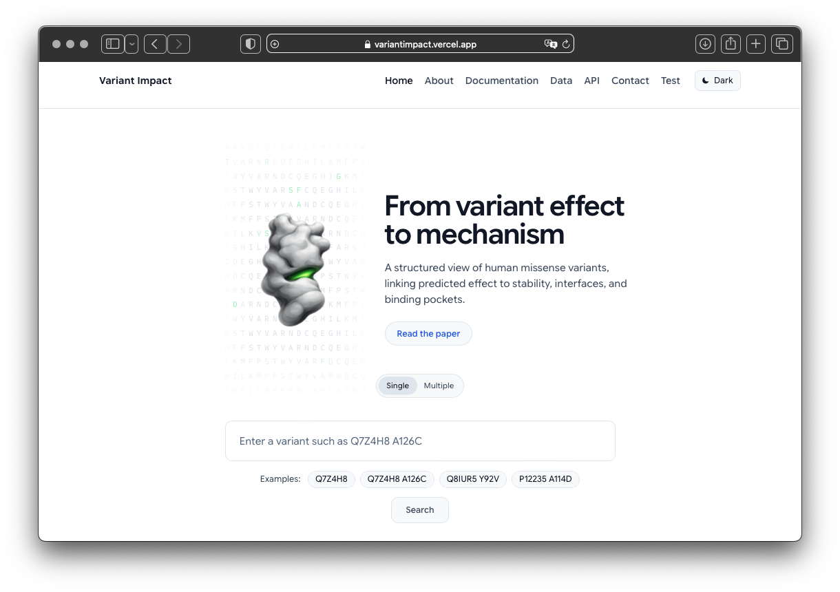 Variant Impact landing page